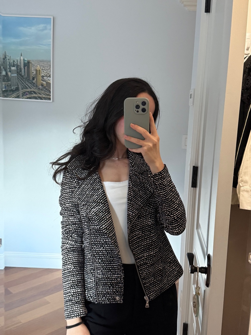 Black White Textured Knit Moto Jacket Asymmetrical Zip Blazer